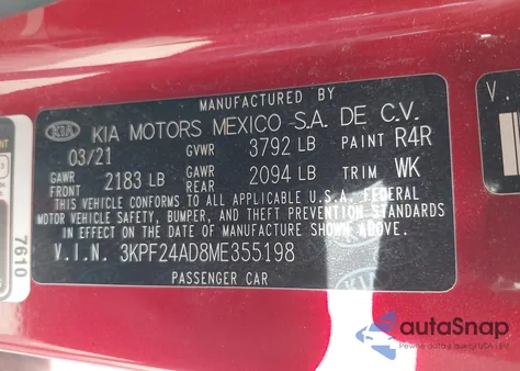 2021 Kia Forte Lxs from USA, damaged, VIN 3KPF24AD8ME355198
